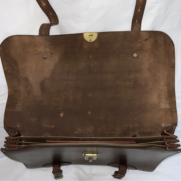 Large Vintage Brown Leather File Bag Briefcase School Work Lawyer Doctor - Picture 5 of 12